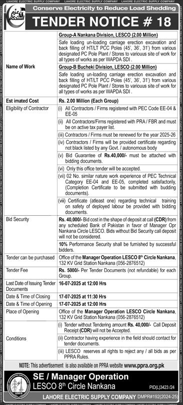 Lahore Electric Supply Company Lahore Tender Notice